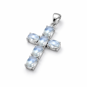 Colgante de Cruz de Piedra Lunar Arcoíris Chapado en Rodio de Plata 925, Corte Ovalado con Engaste de Garras, Joyería Religiosa Unisex Estilo Cristiano Rhaya - Product Image 3