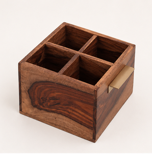 Handcrafted Sheesham Wood Cutlery Holder With Brass Handles 4-Compartment Multi-Purpose <b>Kitchen</b> Organizer Dining Table <b>Caddy</b> - Product Image 5