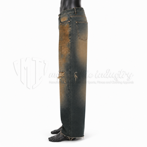 Jeans Homme Personnalisés Noir Brun Délavé Coupe Large Taille Mi-Haute Denim Épais Effet Usé et Déchiré Vintage Streetwear Vente en Gros - Product Image 4