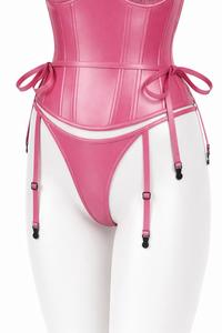 Women's Pink Underwire Corset Bodysuit With Lace Trim <b>Adjustable</b> <b>Straps</b> Side Tie Closure G-String Panty Set - Product Image 4