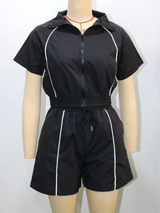 Ensemble deux pièces d'été tendance pour femme : haut zippé tissé contrastant et short de sport à jambes larges - Product Image 2