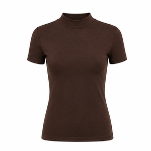 T-shirt personnalisé pour femme, coupe slim classique, col montant, manches courtes, en jersey de coton extensible doux, couleur marron expresso WMNTS-0011 - Product Image 1