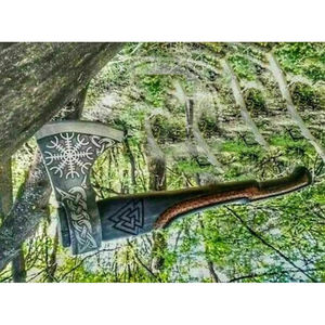 Burraq Hacha de 19 pulgadas, hecha a mano, de acero inoxidable, con cabeza de tomahawk para partir leña, mango de palisandro y cuero, para caza, camping, bricolaje e industrial - Product Image 2