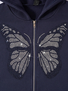 <b>Women's</b> <b>Navy</b> Blue Hoodie With Rhinestones Design Full Sleeve Casual Custom Trendy <b>Hoodies</b> for <b>Women</b> - Product Image 6