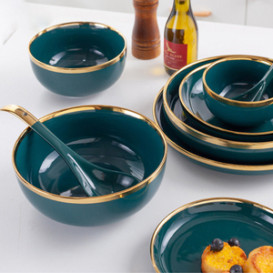 Meal <b>Set</b> 4/6-Person Luxurious Modern Titanium Gold Rimmed Green Smooth Glossy Porcelain <b>Dinnerware</b> <b>Sets</b> Durable BPA Free - Product Image 5