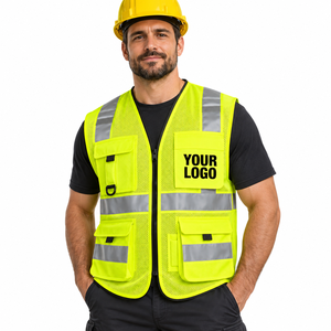 Gilet de sécurité haute visibilité pour les travailleurs du bâtiment, en maille polyester, bandes réfléchissantes argentées, fermeture éclair, poches en maille, faible MOQ - Product Image 1