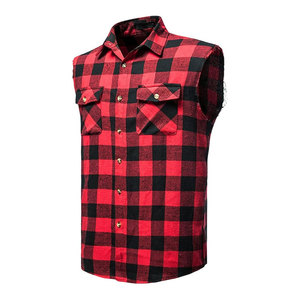 Mens Classic Black and Red Button-Down Flannel Cut <b>Off</b> Frayed Sleeveless Casual Shirt Muscle Performance Sleeveless Shirts - Product Image 1