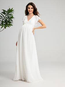 Robe de <span class=keywords><strong>soir</strong></span>ée élégante de maternité Mily Bridal ED035, coupe trapèze, col en V, froncée, longueur ras <span class=keywords><strong>du</strong></span> sol, en mousseline blanche - Product Image 2