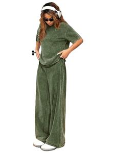 Ensemble décontracté 2 pièces pour femme : pantalon coupe droite et haut à manches courtes, col uni, effet délavé, coupe classique, 100 % coton écologique - Product Image 6