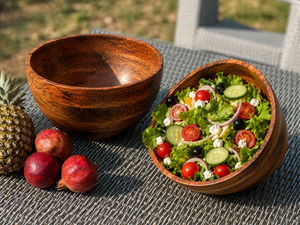 Bol à fruits en bois d'acacia de qualité supérieure, rond, finition rustique, bol de service pour salade, bol en bois texturé naturel pour la table à manger - Product Image 6