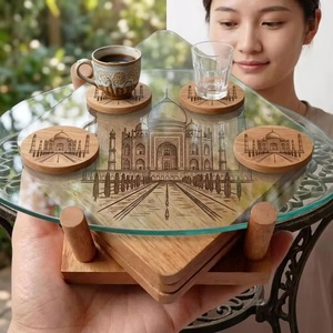 Juego de Posavasos Cuadrados de Madera con Diseño del Taj Mahal, Tapetes y Almohadillas Antideslizantes Hechos a Mano, Accesorio Decorativo de Mesa de Estilo Oriental - Product Image 3