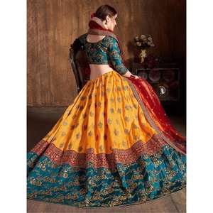 Soie Banarasi brodée vert sarcelle et jaune Lehenga Choli - Product Image 2