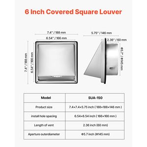 Griglia di Ventilazione Quadrata Premium in Acciaio Inossidabile da 6 Pollici per Tetto a Falda, Estrattore Esterno a Parete con Protezione Integrata - Product Image 2