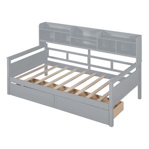 Divano letto singolo grigio con supporto a doghe in legno e mensole laterali, due cassetti - Product Image 6
