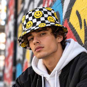 Chapeau Bob Unisexe à Carreaux avec Visages Souriants Jaunes – Casquette Décontractée Printemps-Été pour Adulte en Polyester et Toile à Impression Numérique - Product Image 2