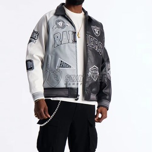 OEM High Luxury Men's Lambskin Leather Autumn Varsity <b>Jacket</b> Standard <b>Rhinestone</b> Embroidery Patch Applique Patchwork High Street - Product Image 1