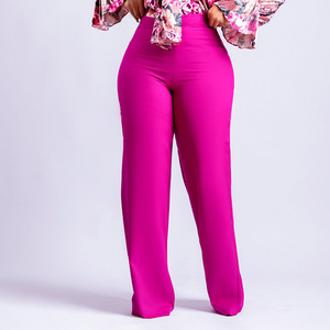 High Waisted Wide Leg Pants Women Solid Color Crepe Elastic Waist Full Length Casual Spring Style Pink <b>Trousers</b> - Product Image 1