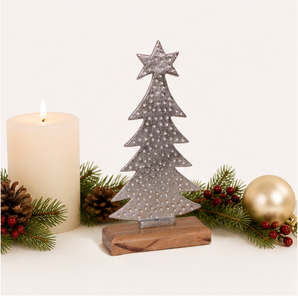 Modern Silver Aluminum Handcrafted Christmas Tree Sculpture With Solid Wooden Base Hammered Metal Tabletop Holiday <b>Decoration</b> - Product Image 4