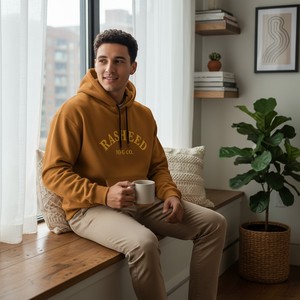 Sweat-shirt à capuche pour homme Rasheed Mfg Co, en coton marron, tissu molletonné français, coupe décontractée, poche avant, imprimé, streetwear - Product Image 5