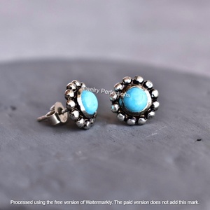 Boucles d'oreilles clous en argent sterling 925 avec pierre précieuse turquoise naturelle authentique d'Arizona, taille brillant, style bohème, certifiées, livraison rapide - Product Image 2