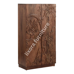Luxury Handcrafted Solid Wood 2 Door <b>Wardrobe</b> Ornate Botanical Floral Carving Rich Finish - Product Image 4