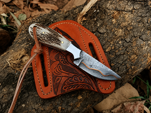 Handmade Damascus steel <b>Small</b> Skinner knife copper inlay , cross <b>draw</b> belt carry leather sheath, Personalized gift, Gift for - Product Image 5