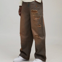 En gros Jeans en denim déchirés délavés à la pierre à rivets coupe droite Streetwear Hip Hop avec logo personnalisé direct usine Pk