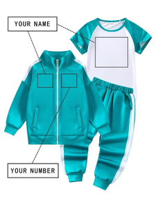 Custom Kid's 3-Piece Solid Peacock Green Athletic Outfit Short Sleeve T-Shirt Lapel Zipper Jacket Joggers ODM Customizable - Product Image 2