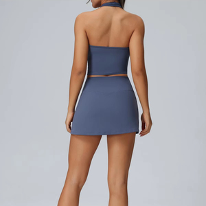 Nouvel ensemble de yoga pour femmes avec poche, ensemble de yoga deux pièces ajusté, haut à col halter et mini-jupe - Product Image 2