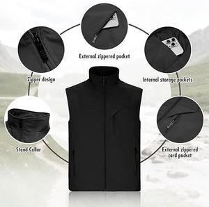Gilet sans manches coupe-vent noir pour homme, col montant, fermeture éclair, vêtement d'extérieur décontracté en polyester, style automne - Product Image 1