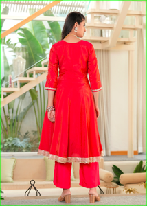Red Sindoori Mirror Work Anarkali Set With <b>Tissue</b> Dupatta - Product Image 3