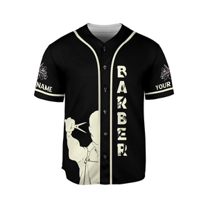 Maillot de barbier personnalisé avec logo, nom personnalisé et design de salon de coiffure, couleur noir et crème, matière polyester - Product Image 1