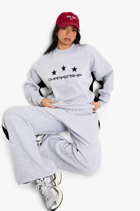 Unique Design Grey Women's Petite Side Stripe Tape Wide Leg Joggers Terry Fleece Soft Touch Sweatpants Women's Pants And <b>Trouser</b> - Product Image 3