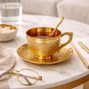 Taza de Té Dorada de Latón Grabada con Diseño, Platillo de Lujo para Servir Café y Té en el Hogar, Hotel, Restaurante, Regalo Festivo - Product Image 5