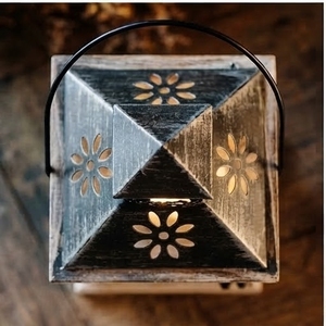 Handcrafted Mango Wood Lantern <b>Square</b> <b>Candle</b> Holder With Metal Roof And Handle For Home Decoration - Product Image 3