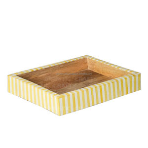 Plateau rectangulaire en incrustation d'os bleu et blanc fait à la main Vintage servant en bois maison cuisine Table décoration rayure Design plateau - Product Image 4