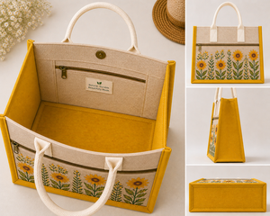 Sac fourre-tout en jute laminé premium avec poche zippée, sac de courses réutilisable écologique, logo personnalisé, imprimé floral, vente en gros - Product Image 3