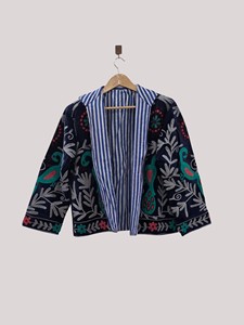 Chaqueta de Terciopelo con Bordado Floral a Mano, Cuello Mandarín, Manga Larga, Talla Grande, Estilo Otoñal para Mujer - Product Image 2