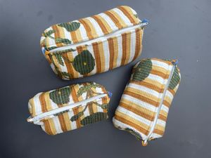Pochette cosmétique matelassée rayée avec fermeture éclair à motif de feuilles, en coton, style vintage, utilisable toute l'année - Product Image 3