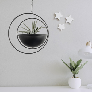 Jardinière suspendue circulaire en métal noir avec cadre à double anneau |   Porte-pot de fleurs suspendu moderne pour la décoration intérieure - Product Image 1