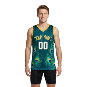 Peacock <b>Feather</b> Basketball Jersey Set for Men V Neck Sleeveless Sublimation Top & Plain Shorts with Custom Team Name and Numbers - Product Image 1