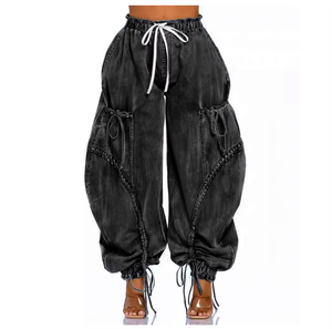 Women's Cotton Harem Pants Solid Color Loose Fit Ankle-Length Drawstring Waist Cargo Style Casual Summer Wear - Product Image 2
