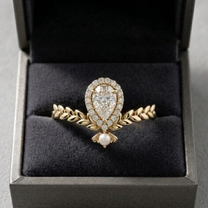 Anillo de Perlas Botánicas con Banda de Hojas y Diamante de Corte Pera Cultivado en Laboratorio, Oro Sólido de 14K, Joyería Perfecta para Boda o Compromiso para tu Pareja - Product Image 5