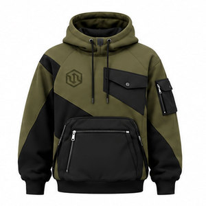 Sudadera con Capucha para Hombre, Color Verde Oliva y Negro, Diseño de Bloques de Color, Estilo Urbano, con Bolsillos con Cremallera y Cierre con Cordón - Product Image 1