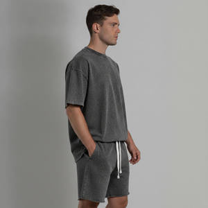 Ensemble T-shirt et short en coton surdimensionné de haute qualité, col rond, effet délavé, vêtements décontractés d'été, respirant, ensemble 2 pièces pour homme - Product Image 5