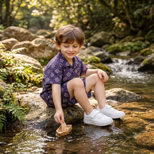 Ensemble élégant fait main pour enfant, 2 pièces, short et chemise, couleur violette, avec motifs imprimés à la main, pour garçons de 2 à 10 ans. - Product Image 4