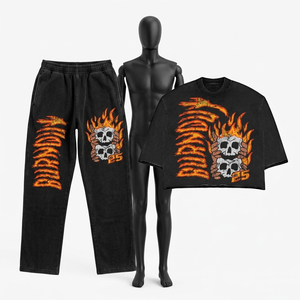 420 GSM Acid Wash Cotton Crop <b>Top</b> Jogger Set Oversized DTG <b>Skull</b> Puff Print Custom Logo Women's Sets - Product Image 3