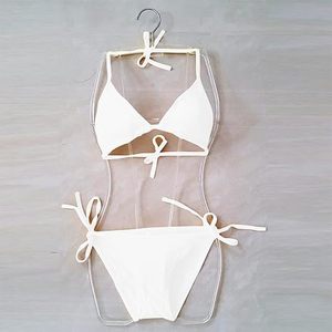 Sexy <b>White</b> <b>Bikini</b> <b>Set</b> Halter Neckline Tie Side Bottoms Solid Color Swimwear Two Piece Stretch Beachwear - Product Image 4