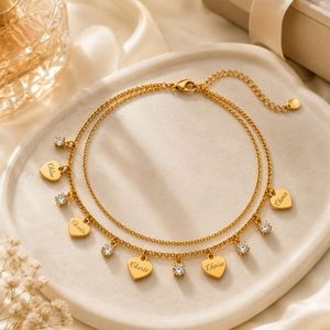<b>Gold</b> Plated Brass Heart Name <b>Anklet</b> with Zircon dangly heart <b>anklets</b> - Product Image 2
