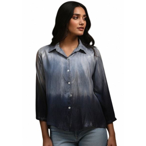 Chemise décontractée pour femme Maaesa, faite à la main, tie-dye, en rayonne, col ouvert, manches longues, coupe classique - Product Image 1